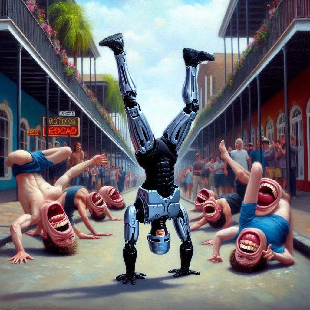 ROBOT DANCING ON HUMAN HEADS LIKE A GOD