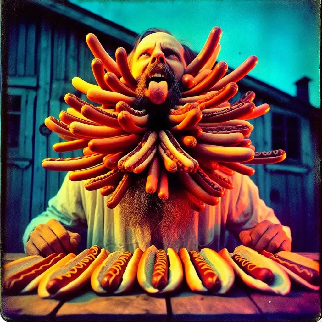 HOT DOGS CHOKING A BEARDED MAN'S FACE
