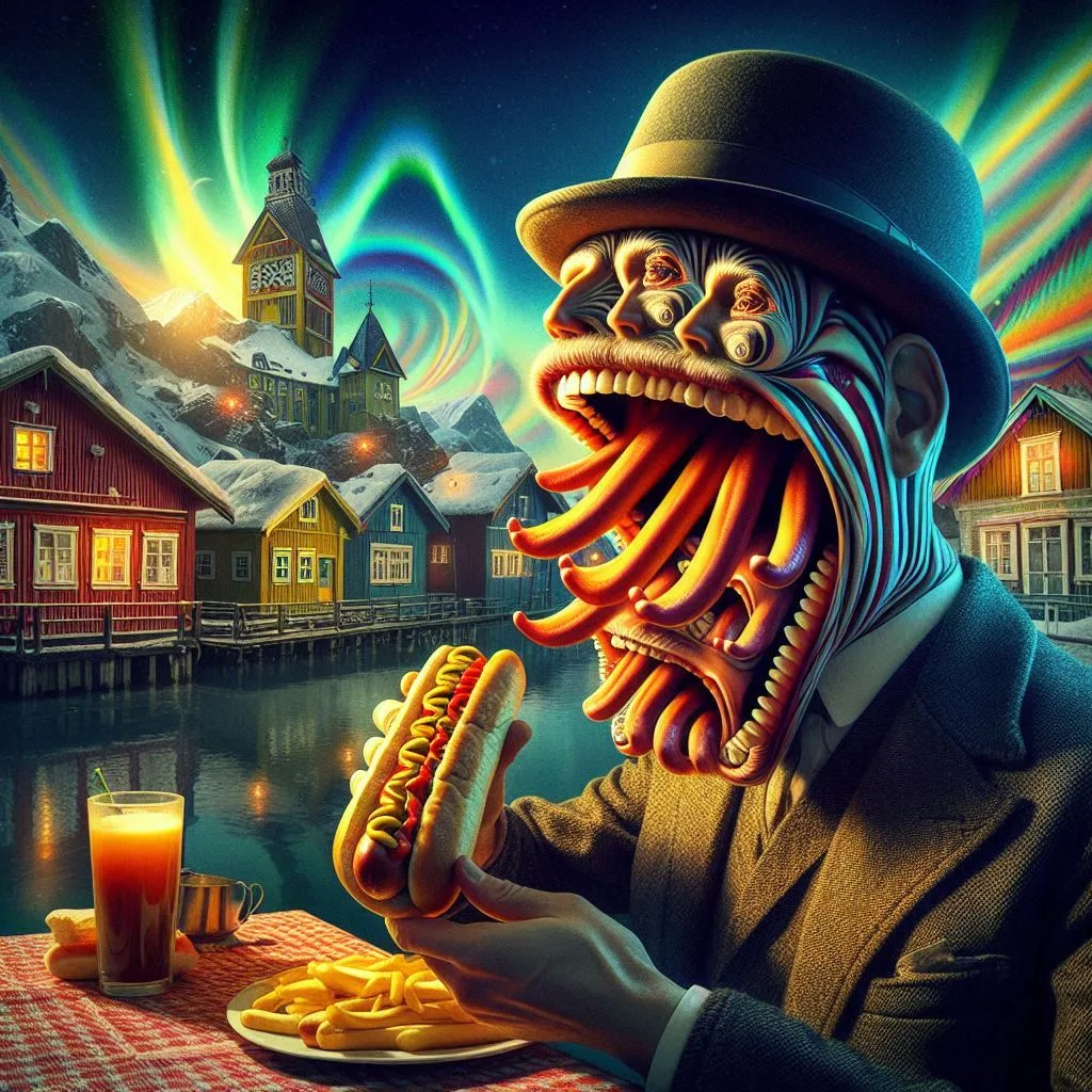 MAN EATING HOT DOG WITH A MOUTH OF NIGHTMARES