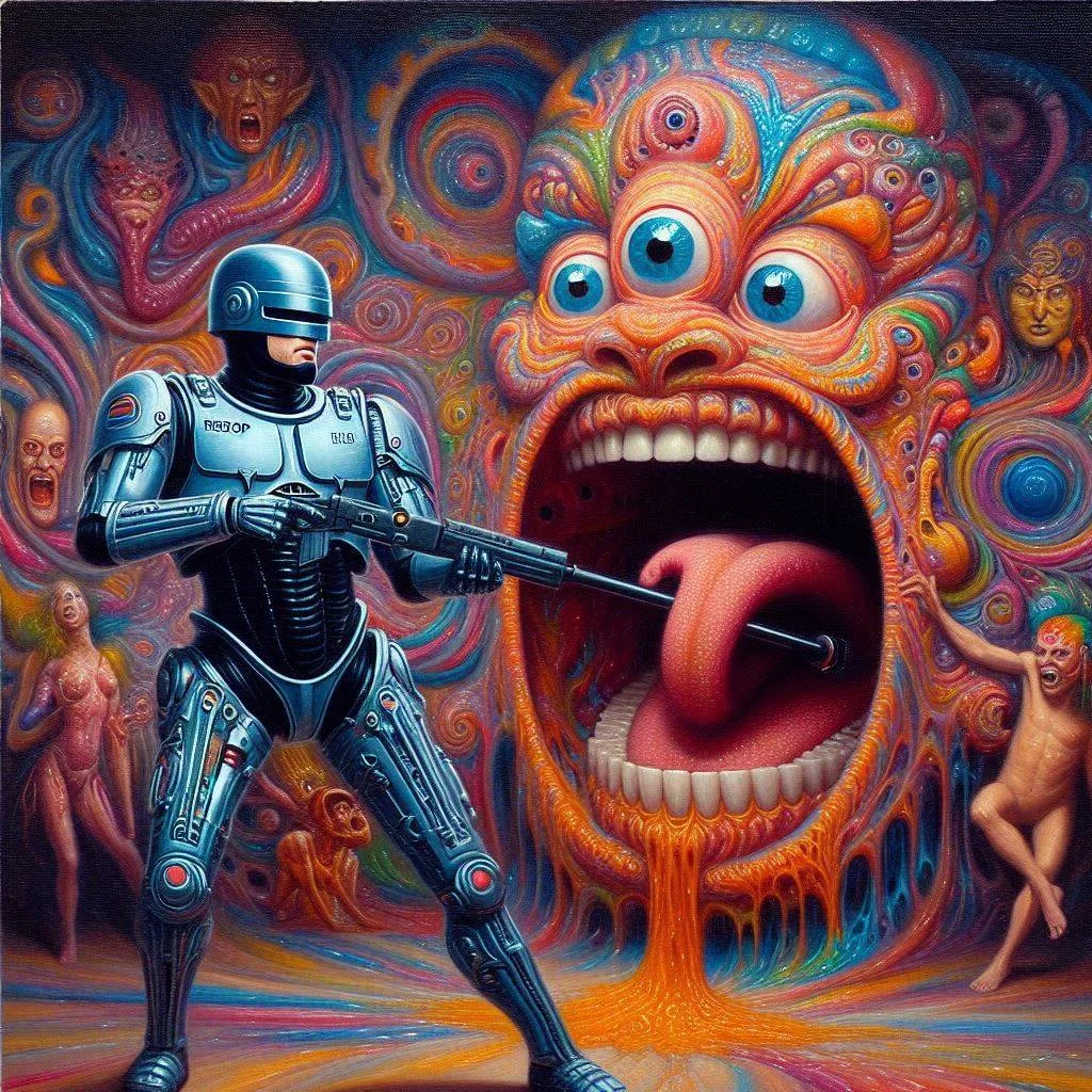 ROBOT BLASTING GOO FROM A MONSTER'S MOUTH