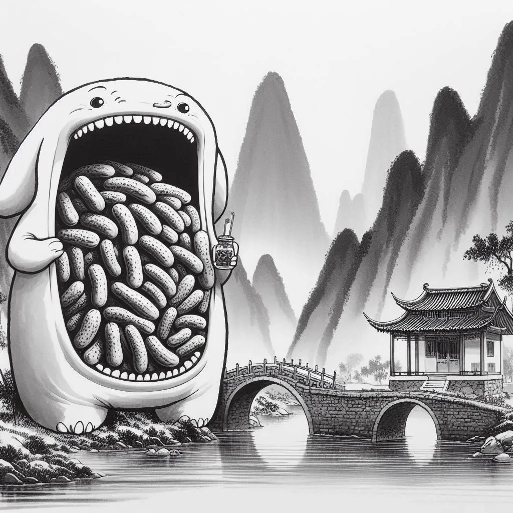 MONSTER VOMITING PICKLES INTO A PEACEFUL LANDSCAPE