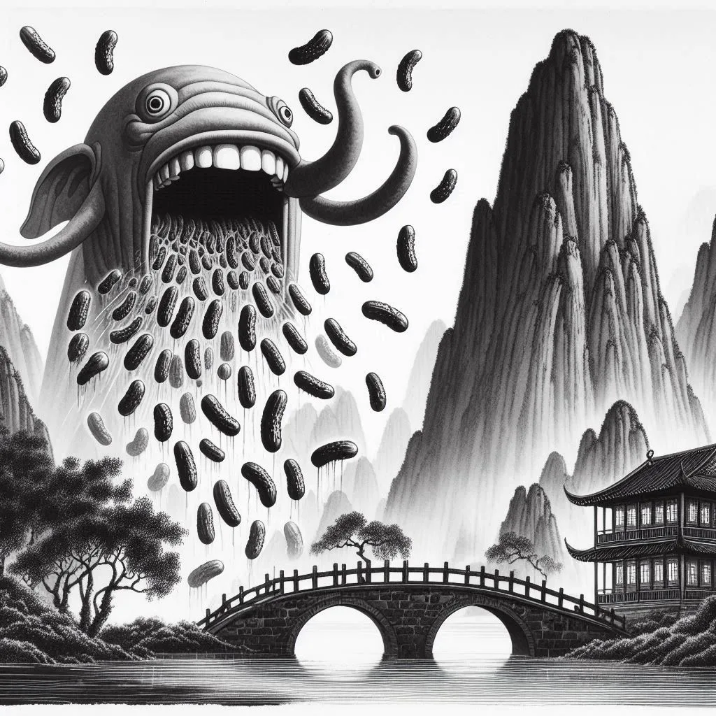 MONSTER VOMITING PICKLES ON A MOUNTAINOUS LANDSCAPE