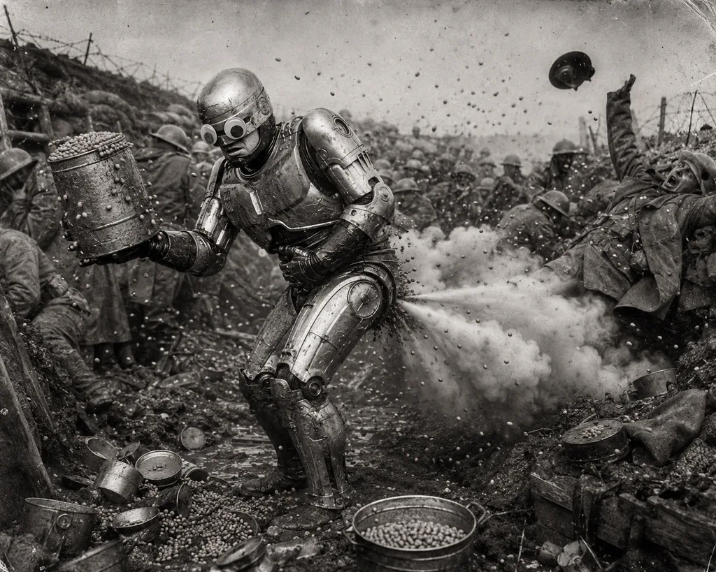 ROBOT SHITTING BEANS IN A WAR ZONE