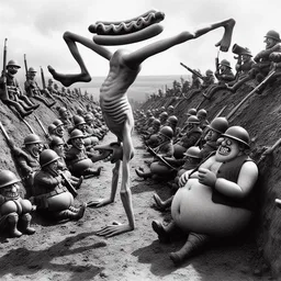 SOLDIERS SHOVELING SHIT INTO A HOTDOG CANNON