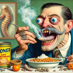 MAN EATING WORMS LIKE A GOURMET FEAST