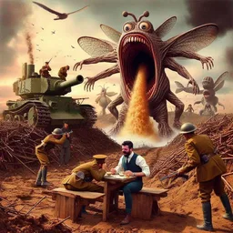 MONSTER VOMITING WAR'S FURY ON DINING MEN