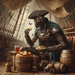 ROBOT PIRATE GOBBLING COOKIES LIKE A GLUTTONOUS BEAST