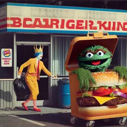 CLOWNS SHOVING GARBAGE INTO BURGER BOXES