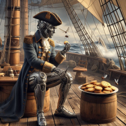 ROBOT CAPTAIN CHOWING DOWN ON COOKIE CRUMBS