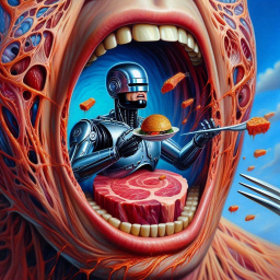 ROBOT SERVING MEAT IN A GUTS CARNIVAL