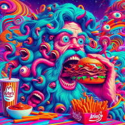 HAIRY MONSTER DEVOURING FAST FOOD NIGHTMARES