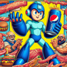 ROBOT CHUGGING SODA IN A MEAT LANDSCAPE