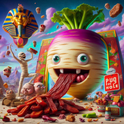 VEGETABLES VOMITING CANDY INTO A MUMMY'S MOUTH