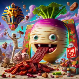 VEGETABLES VOMITING CANDY INTO A MUMMY'S MOUTH