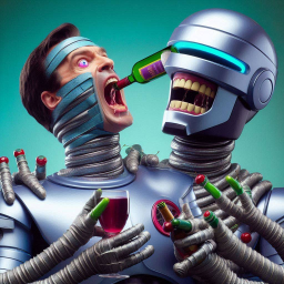 ROBOTS SHOVING BOOZE DOWN HUMAN THROATS