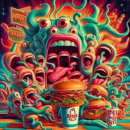 MONSTERS EATING BURGERS WITH GUSTO