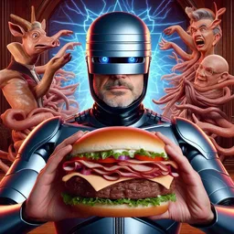CYBORG CRADLING A MEATY ABOMINATION