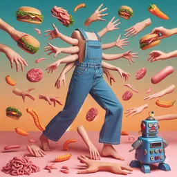 HANDS SHOVING MEAT INTO A HEADLESS VOID