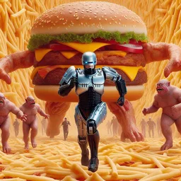 ROBOT RUNNING FROM A BURGER'S GREASY EMBRACE