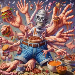ROBOT FEASTING ON HUMAN HANDS AND BURGERS