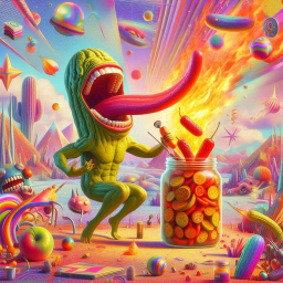PICKLE MONSTER SPITTING FLAMES INTO JAR OF CHAOS