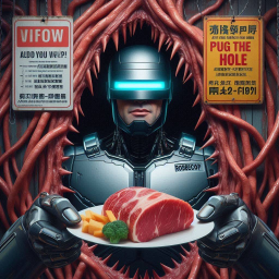 ROBOT HANDS SERVING MEAT ON A PLATE OF GORE