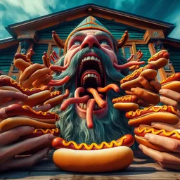 MAN EATING HIS OWN HOT DOGS IN DESPERATION