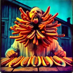 HOT DOGS CHOKING A BEARDED MAN'S FACE