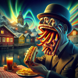 MAN EATING HOT DOG WITH A MOUTH OF NIGHTMARES