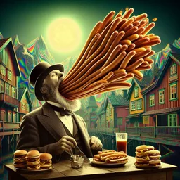 MAN VOMITING SAUSAGES LIKE A GLUTTONOUS FOUNTAIN