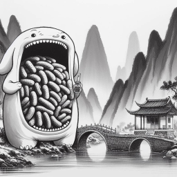 MONSTER VOMITING PICKLES INTO A PEACEFUL LANDSCAPE