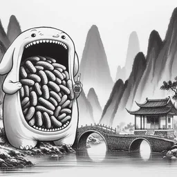 MONSTER VOMITING PICKLES INTO A PEACEFUL LANDSCAPE