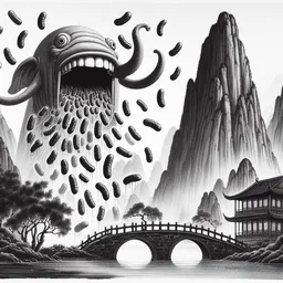 MONSTER VOMITING PICKLES ON A MOUNTAINOUS LANDSCAPE