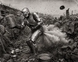 ROBOT SHITTING BEANS IN A WAR ZONE